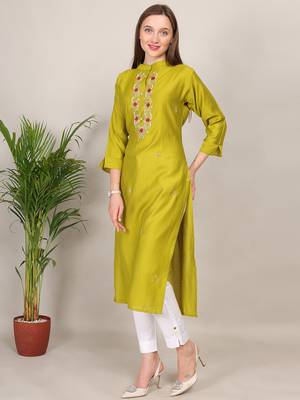 Yellow sequence-moti-beads handwork & straight vertigan silk kurti 1