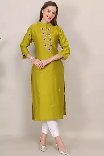 Yellow sequence-moti-beads handwork & straight vertigan silk kurti