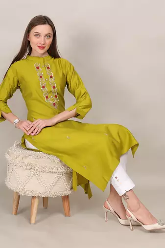 Yellow sequence-moti-beads handwork & straight vertigan silk kurti
