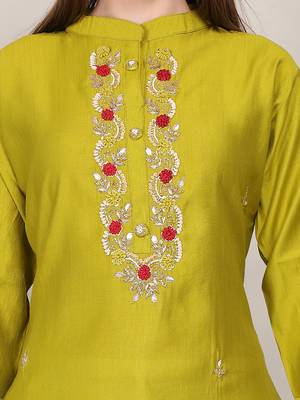 Yellow sequence-moti-beads handwork & straight vertigan silk kurti 4