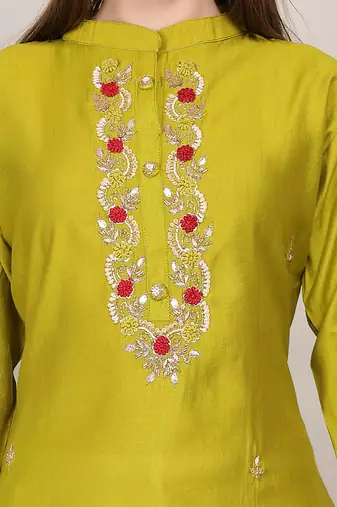 Yellow sequence-moti-beads handwork & straight vertigan silk kurti
