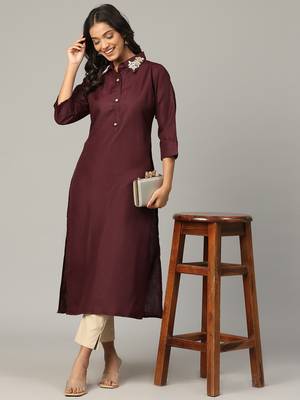 Maroon moti-beads handwork & straight cotton blend kurti 1
