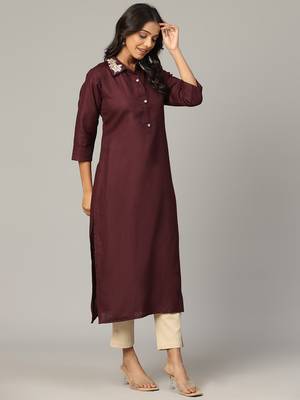 Maroon moti-beads handwork & straight cotton blend kurti 2