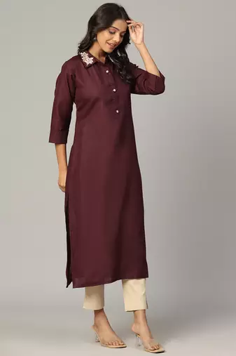Maroon moti-beads handwork & straight cotton blend kurti