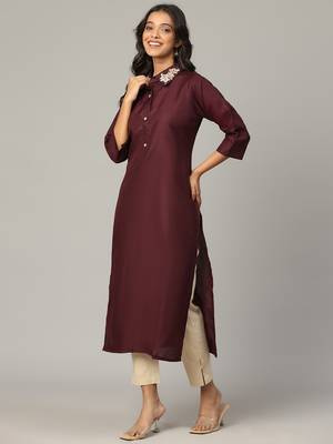 Maroon moti-beads handwork & straight cotton blend kurti 3