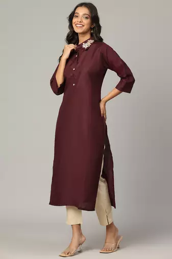 Maroon moti-beads handwork & straight cotton blend kurti