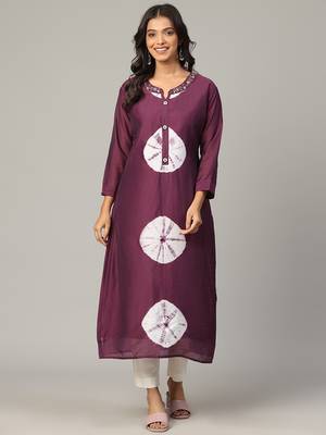 Megenta sequence-moti-beads handwork & straight chanderi silk tie- dye kurti 1