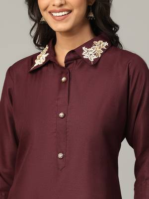Maroon moti-beads handwork & straight cotton blend kurti 4
