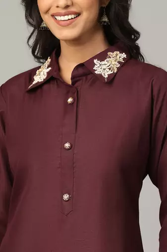 Maroon moti-beads handwork & straight cotton blend kurti