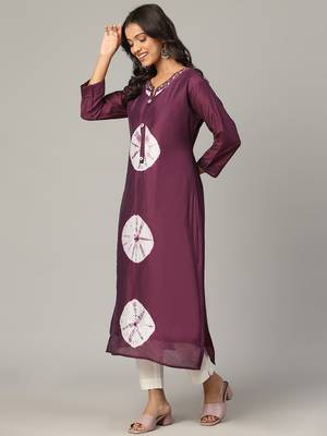 Megenta sequence-moti-beads handwork & straight chanderi silk tie- dye kurti 2