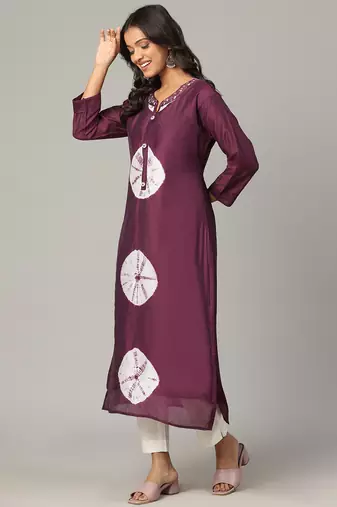Megenta sequence-moti-beads handwork & straight chanderi silk tie- dye kurti