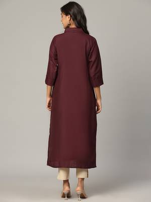 Maroon moti-beads handwork & straight cotton blend kurti 5