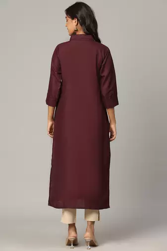 Maroon moti-beads handwork & straight cotton blend kurti