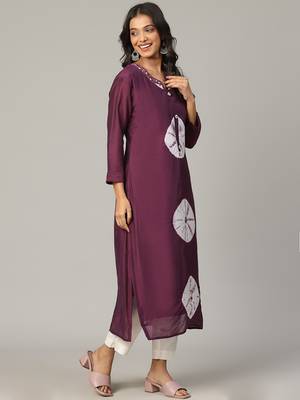 Megenta sequence-moti-beads handwork & straight chanderi silk tie- dye kurti 3