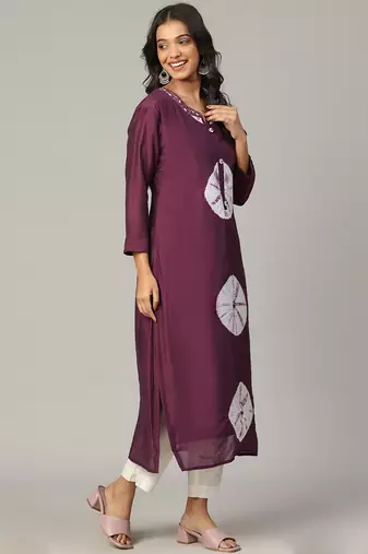 Megenta sequence-moti-beads handwork & straight chanderi silk tie- dye kurti