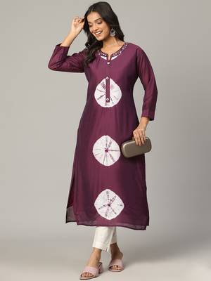 Megenta sequence-moti-beads handwork & straight chanderi silk tie- dye kurti 4