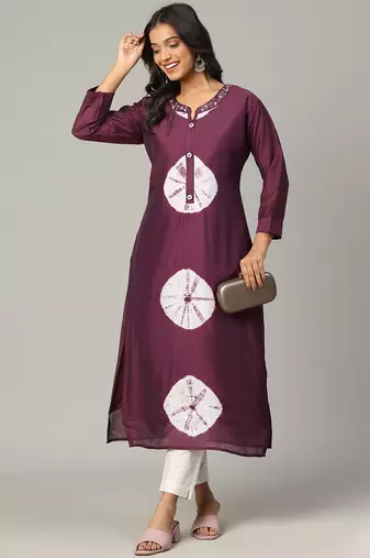 Megenta sequence-moti-beads handwork & straight chanderi silk tie- dye kurti