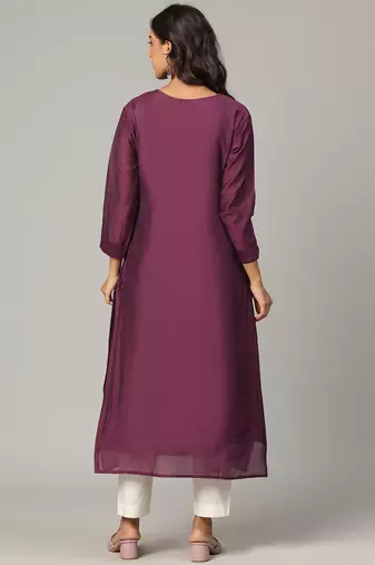 Megenta sequence-moti-beads handwork & straight chanderi silk tie- dye kurti