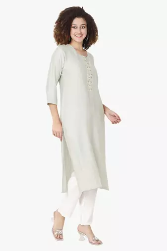 Pastel moti-beads handwork & straight viscose cotton silk kurti