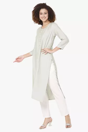 Pastel moti-beads handwork & straight viscose cotton silk kurti