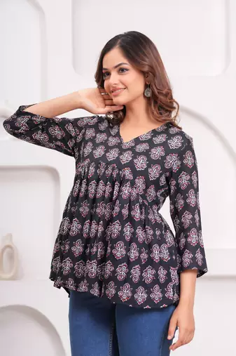 Handmade jaipuri artisans block printed rayon fabric designer tops & tunics