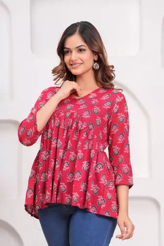 Handmade jaipuri artisans block printed rayon fabric designer tops & tunics