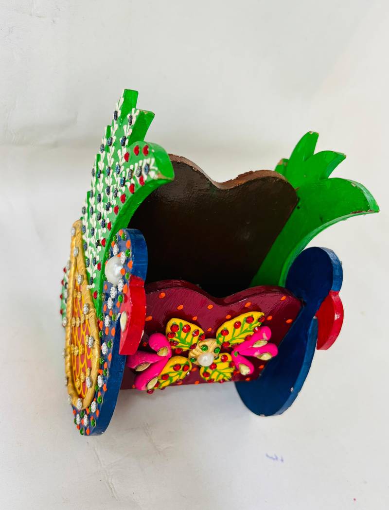 Handcrafted Paper-Mâshee Wooden Mobile Stand with Stone & Ceramic Cone Work – Peacock Design Ethnic Décor"