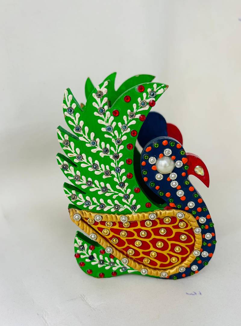 Handcrafted Paper-Mâshee Wooden Mobile Stand with Stone & Ceramic Cone Work – Peacock Design Ethnic Décor"