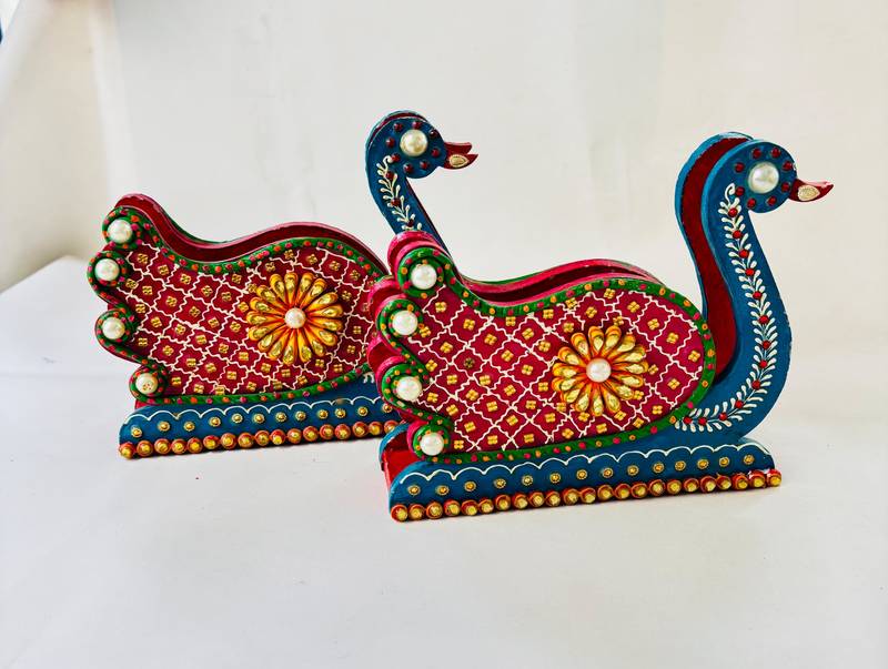 Handcrafted Paper Mâshee  Swan Tissue Paper Holder with Heavy Stone Work – Ethnic Tabletop Décor"