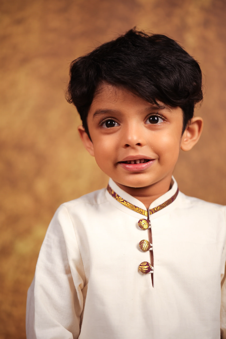 White plain pure  cotton short kurta and pant for kids
