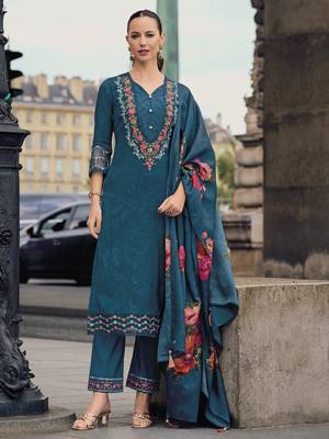 Teal  color beautiful viscose silk embroidered ethnic kurta set 1