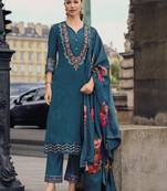 Teal  color beautiful viscose silk embroidered ethnic kurta set