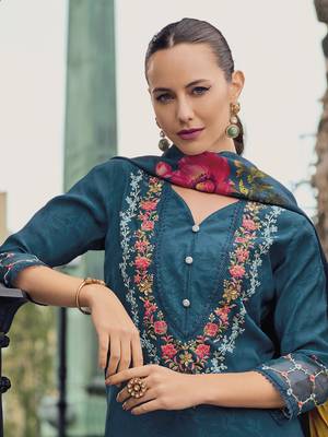 Teal  color beautiful viscose silk embroidered ethnic kurta set 2