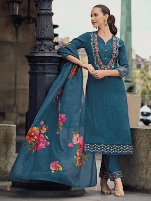 Teal  color beautiful viscose silk embroidered ethnic kurta set 3
