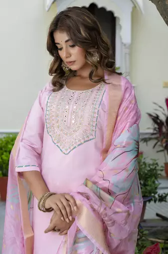 Pink color silk blend embroidered readymade salwar kameez