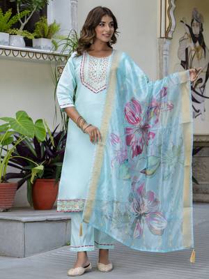 Sea green color silk blend embroidered readymade salwar kameez 1