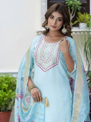 Sea green color silk blend embroidered readymade salwar kameez 3