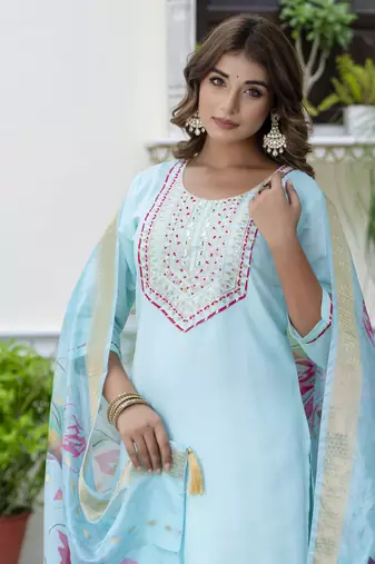 Sea green color silk blend embroidered readymade salwar kameez
