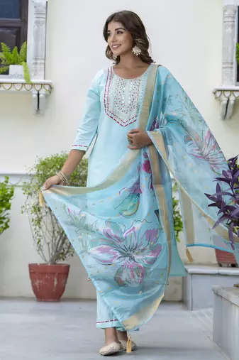 Sea green color silk blend embroidered readymade salwar kameez