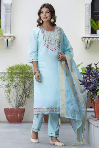 Sea green color silk blend embroidered readymade salwar kameez