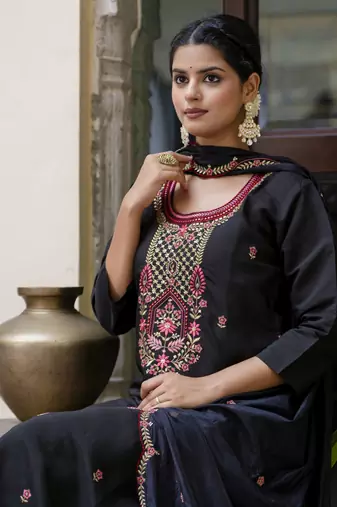 Black color silk blend embroidered readymade salwar kameez