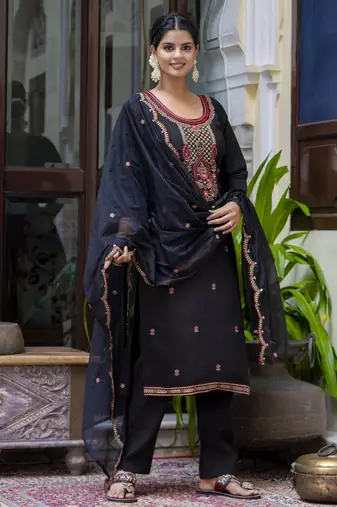 Black color silk blend embroidered readymade salwar kameez
