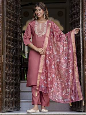 Gajri color silk blend embroidered readymade salwar kameez 5