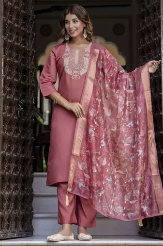 Gajri color silk blend embroidered readymade salwar kameez