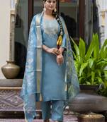 Teal blue color silk blend ethnic embroidered readymade salwar kameez