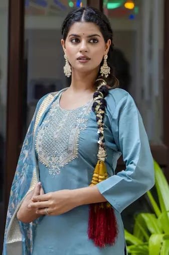 Teal blue color silk blend embroidered readymade salwar kameez