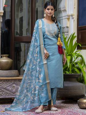 Teal blue color silk blend embroidered readymade salwar kameez 4