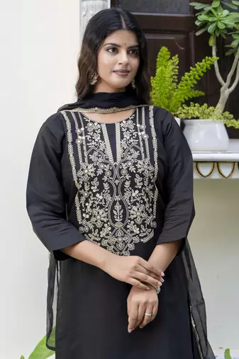 Black color silk blend embroidered readymade salwar kameez