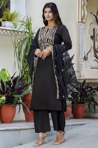 Black color silk blend embroidered readymade salwar kameez