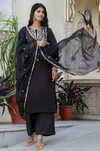 Black color silk blend embroidered readymade salwar kameez